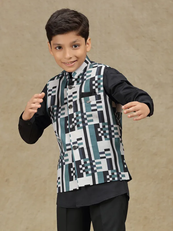 White printed terry rayon waistcoat for boys