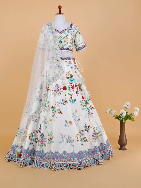 White raw silk embroidery lehenga choli