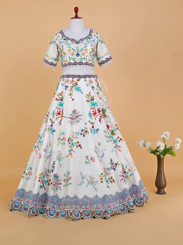 White raw silk embroidery lehenga choli