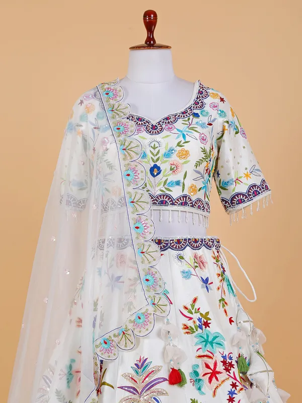 White raw silk embroidery lehenga choli