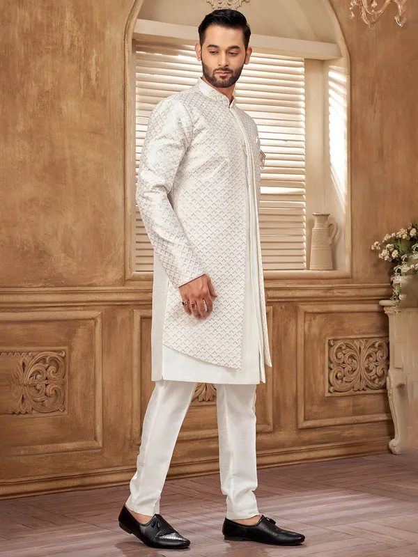 White raw silk jacket with sequins and zari work