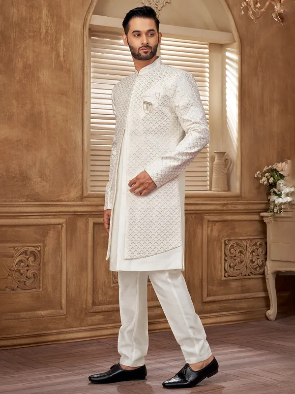 White raw silk jacket with sequins and zari work