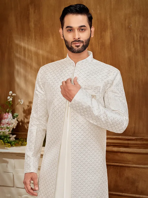 White raw silk jacket with sequins and zari work