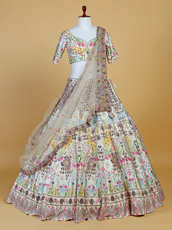 White raw silk lehenga choli with embroidery