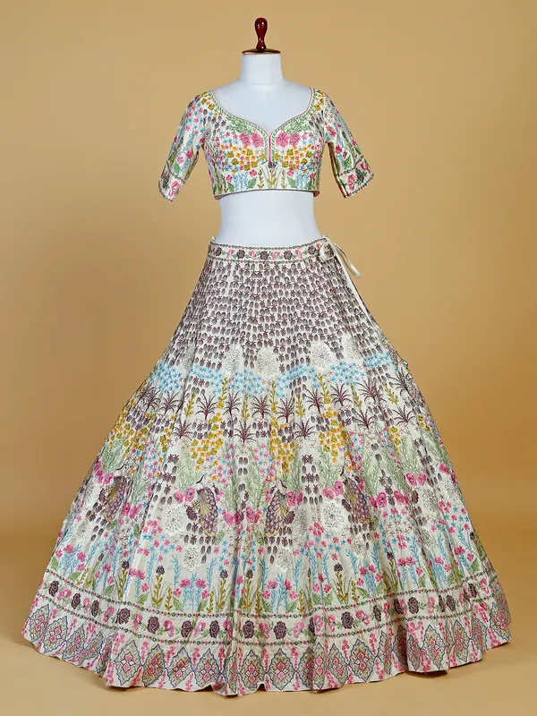 White raw silk lehenga choli with embroidery