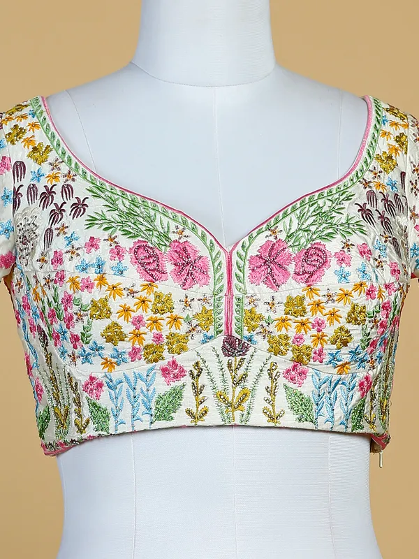 White raw silk lehenga choli with embroidery