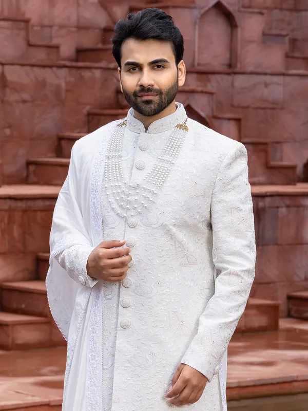 White raw silk peshwai style sherwani for groom