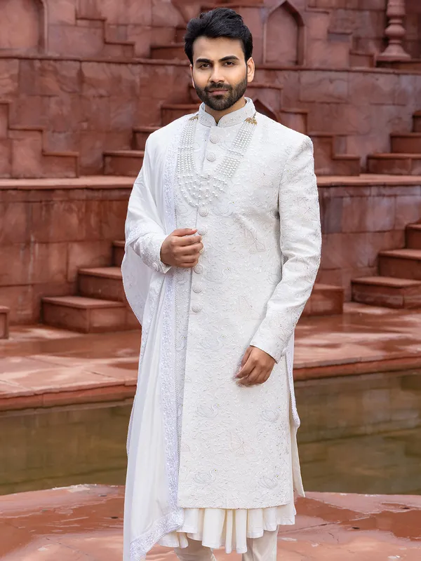 White raw silk peshwai style sherwani for groom