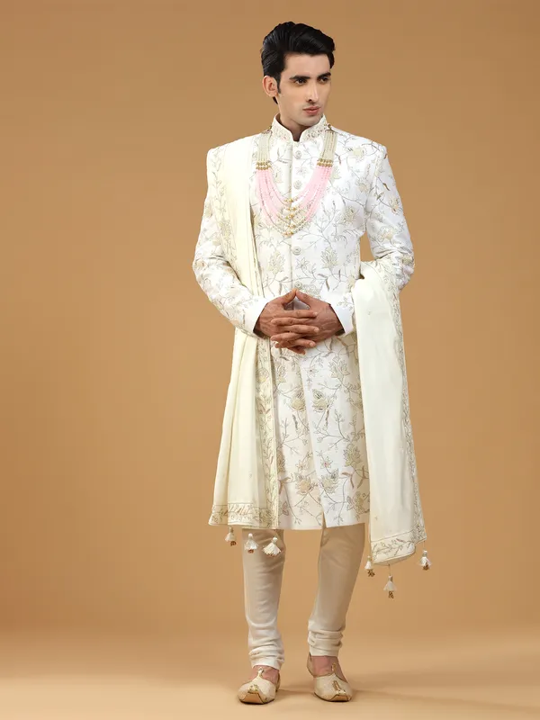 White raw silk sherwani