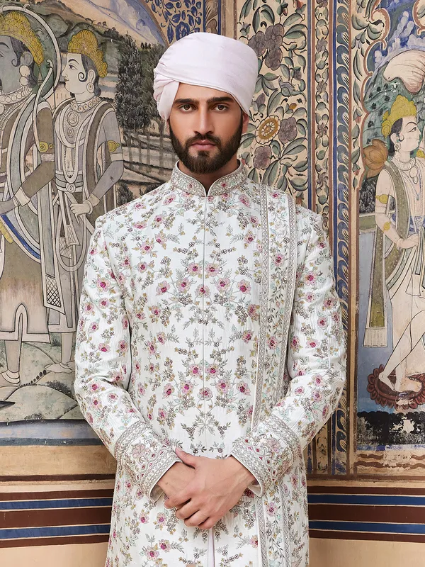 White raw silk sherwani for groom