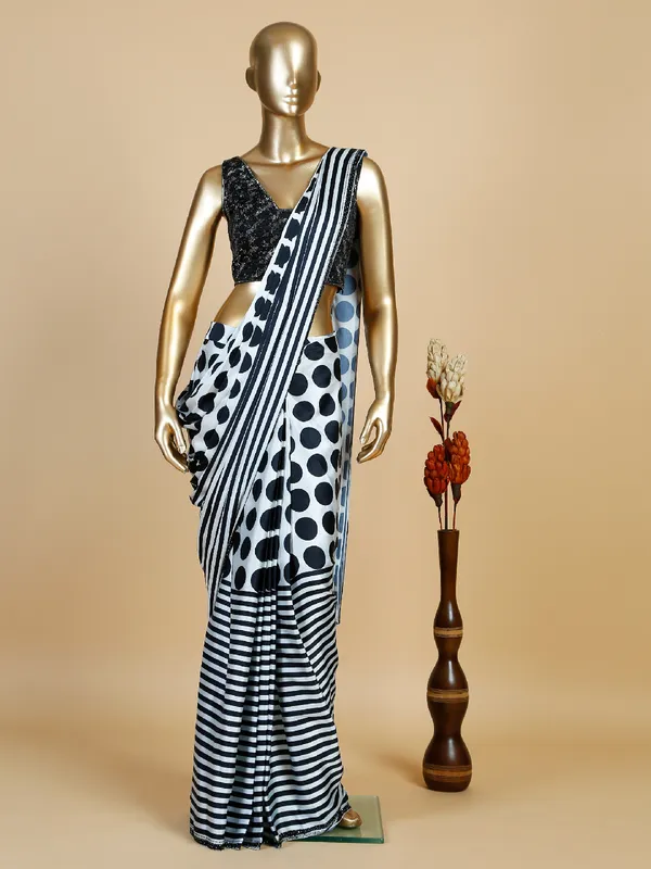 White satin pre stitched saree