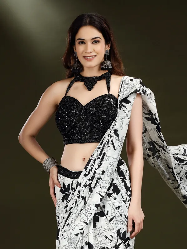 White satin silk designer ready to wear saree