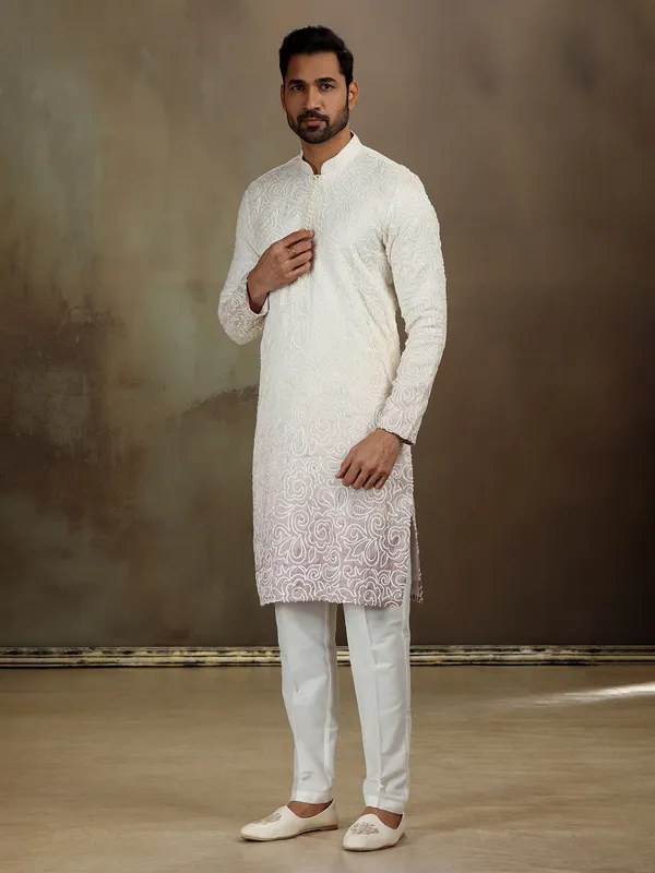 White shaded pitta work kurta suit