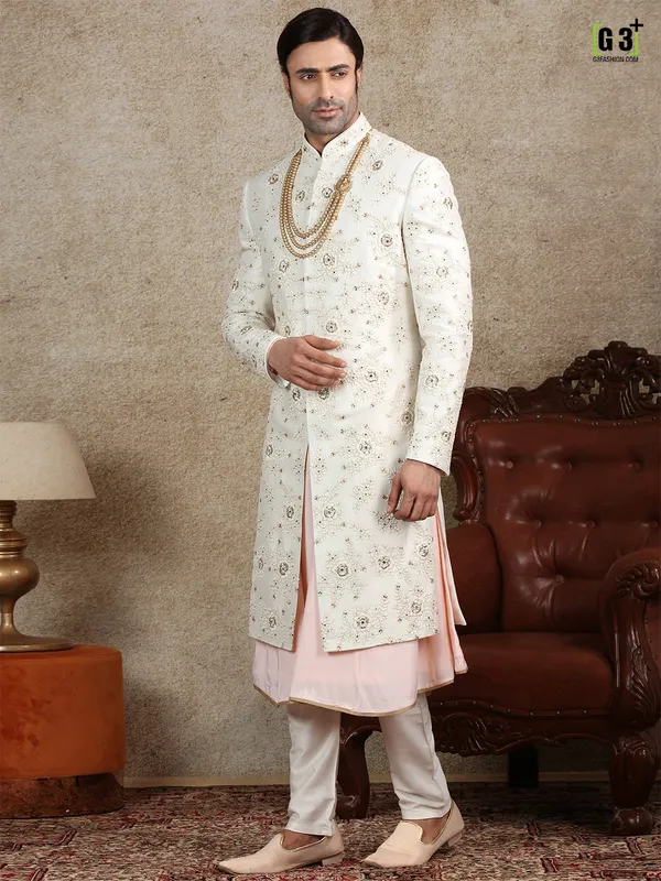 White silk fabric sherwani for wedding occasions