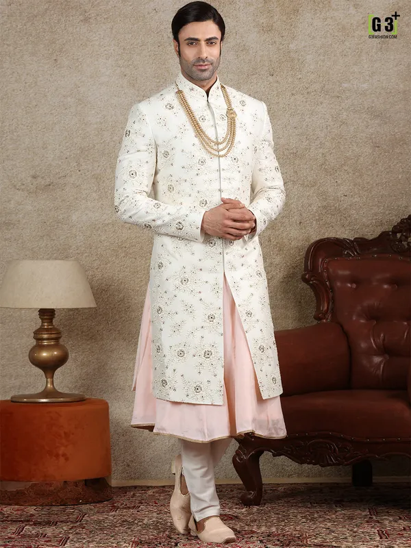 White silk fabric sherwani for wedding occasions