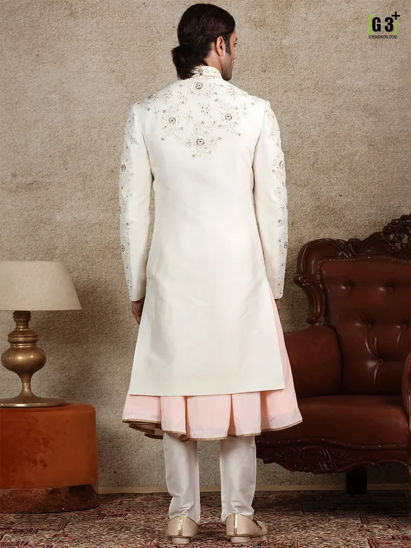 White silk fabric sherwani for wedding occasions