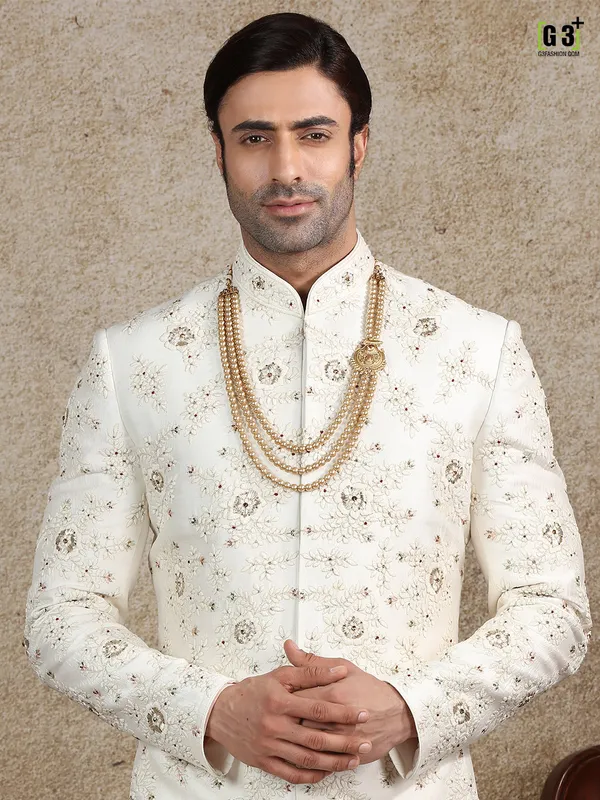 White silk fabric sherwani for wedding occasions