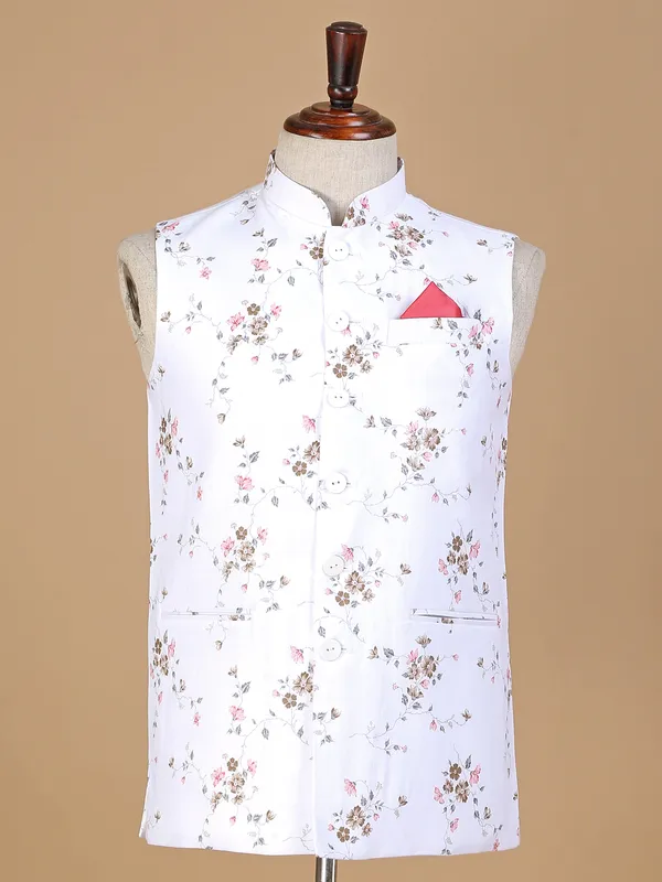 White silk flower printed waiscoat