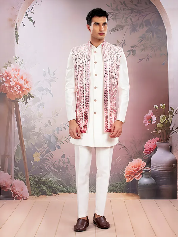 White silk indowestern set with mirror work