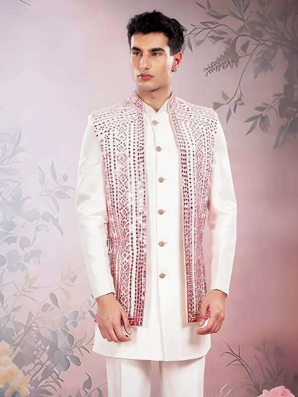 White silk indowestern set with mirror work