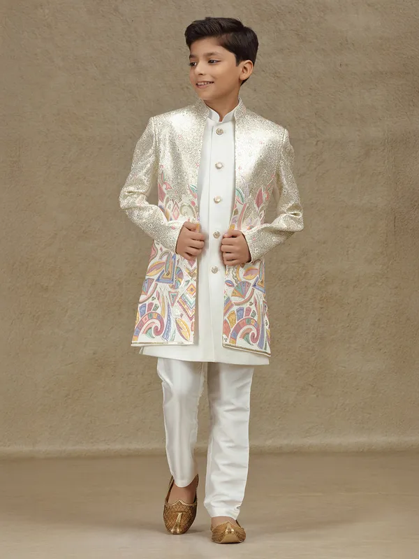 White silk indowestern with sequins work