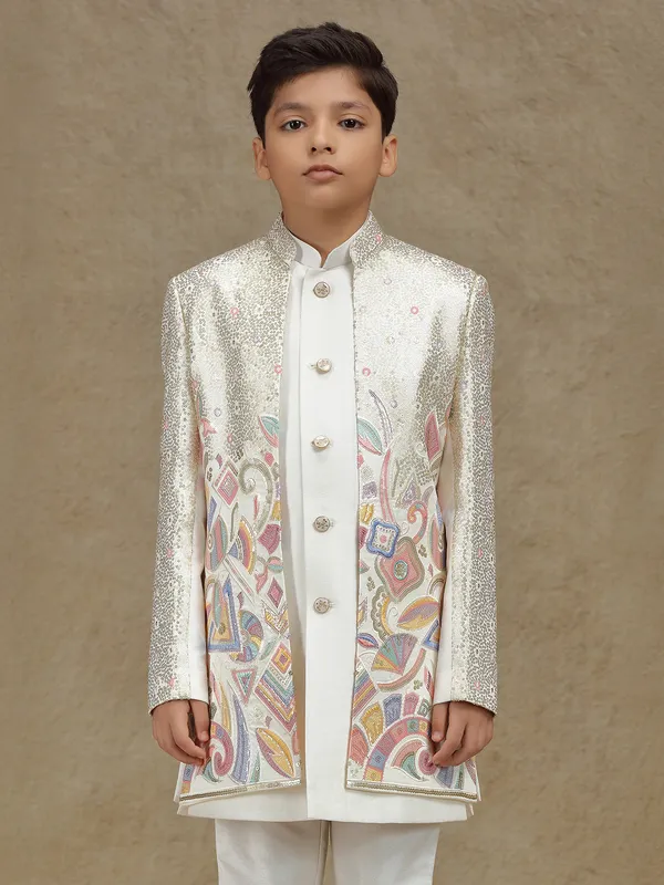 White silk indowestern with sequins work