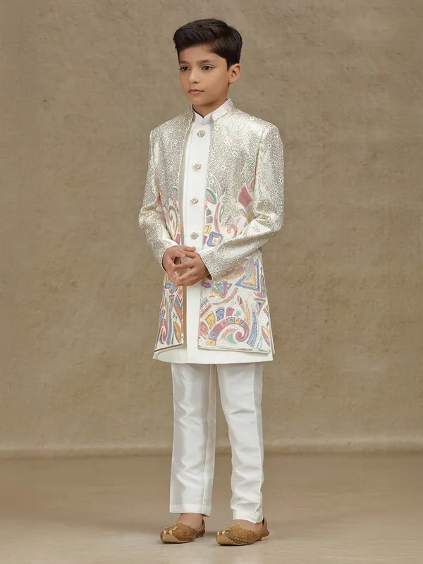 White silk indowestern with sequins work