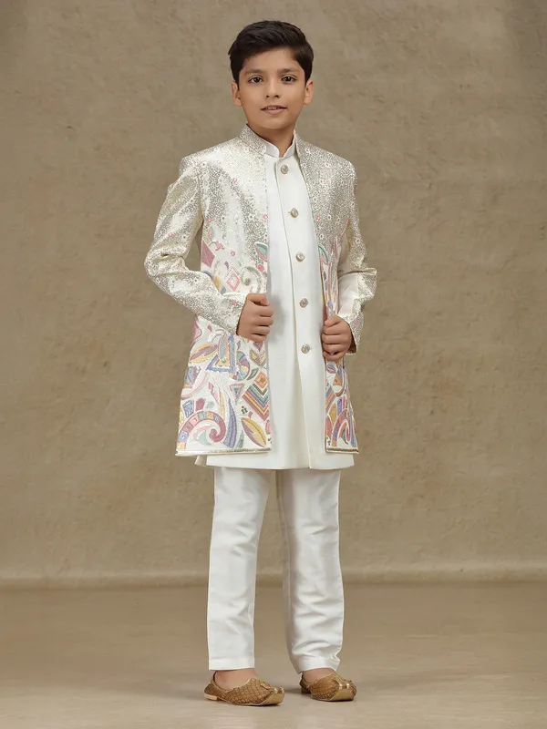 White silk indowestern with sequins work