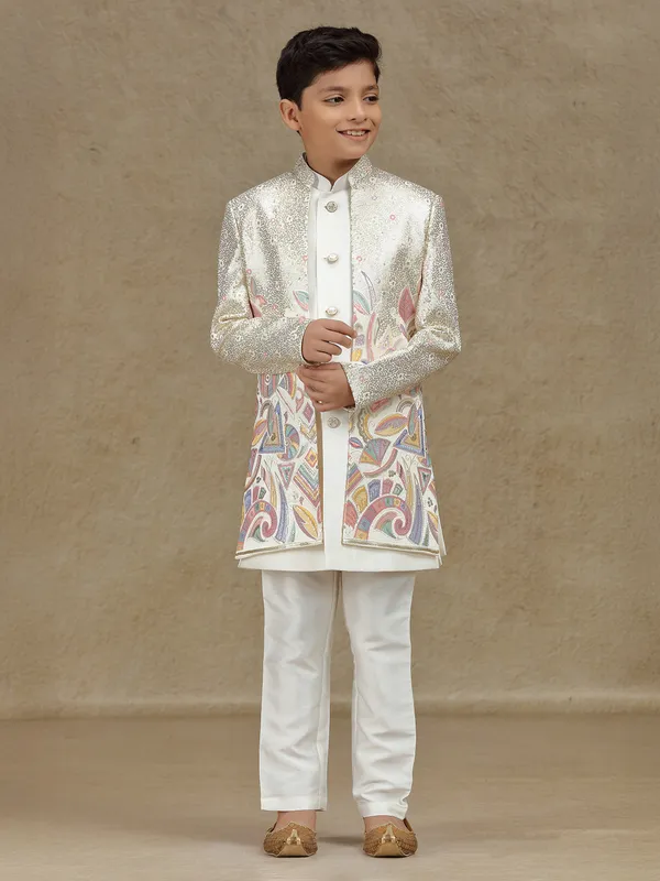 White silk indowestern with sequins work