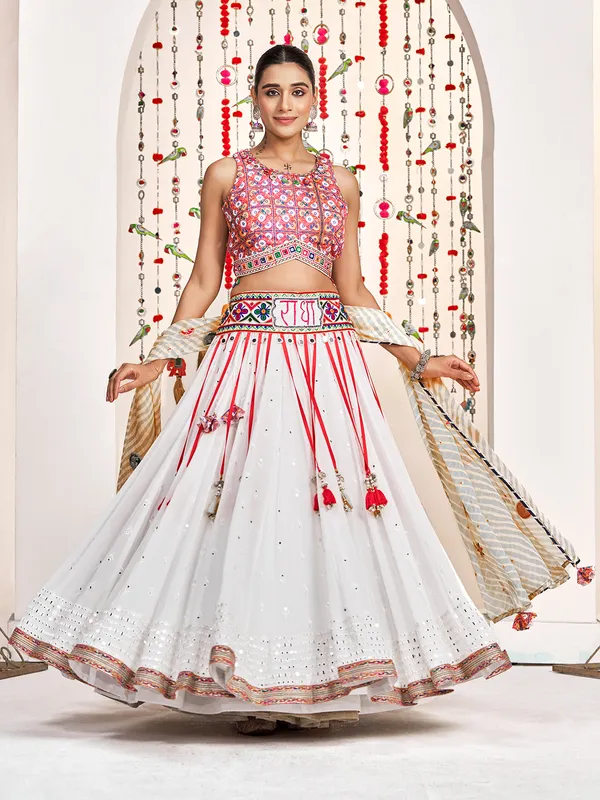 White silk lehenga choli with embellished choli