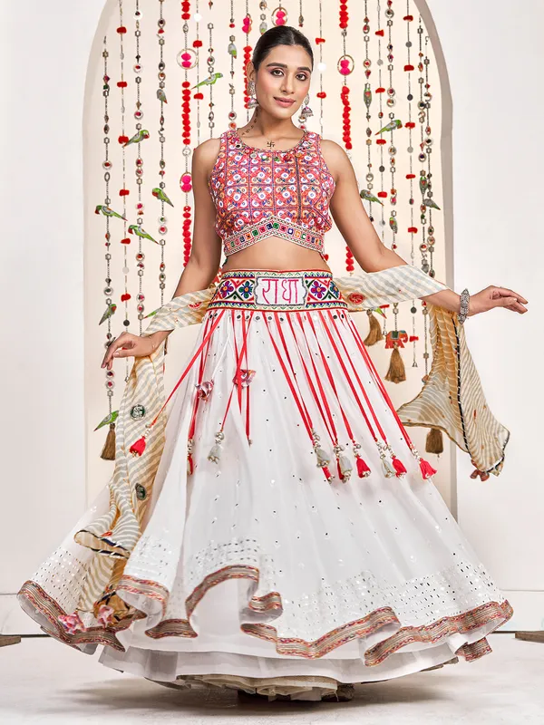 White silk lehenga choli with embellished choli