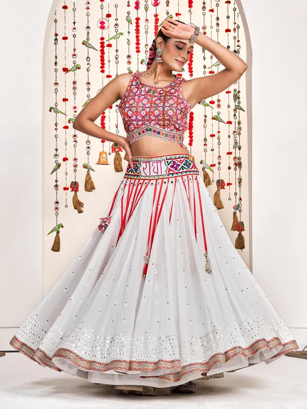 White silk lehenga choli with embellished choli