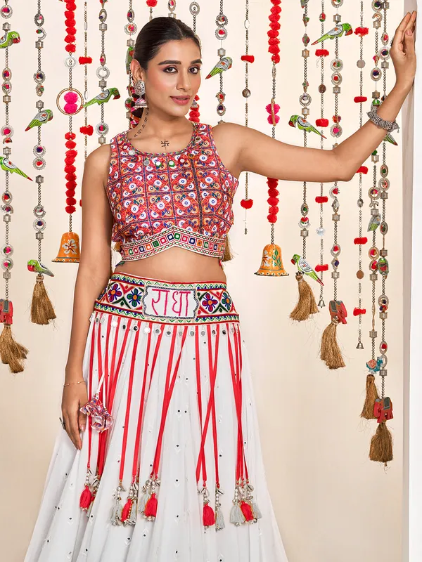 White silk lehenga choli with embellished choli