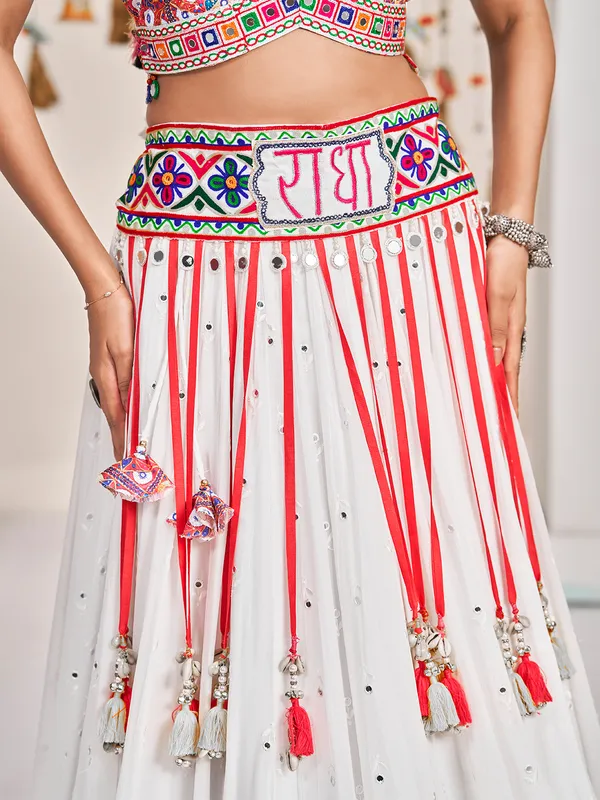 White silk lehenga choli with embellished choli