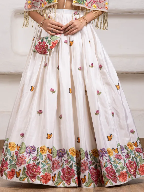White silk lehenga choli with mirror and beads work