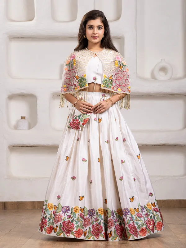 White silk lehenga choli with mirror and beads work