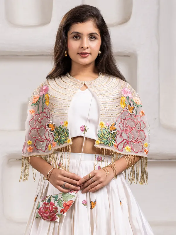 White silk lehenga choli with mirror and beads work