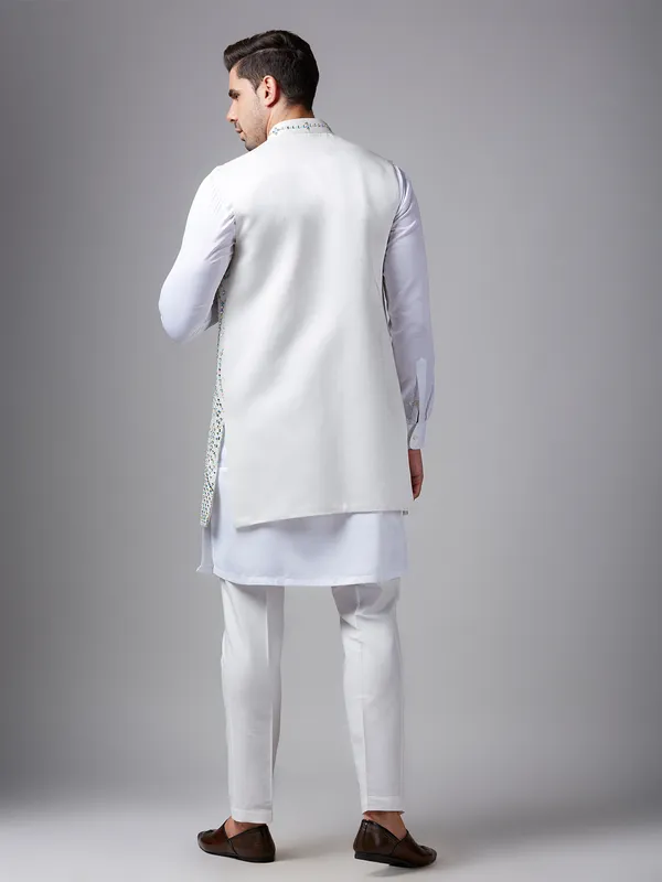 White silk mirror work waistcoat set