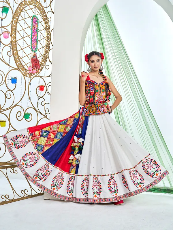White silk navratri wear lehenga choli