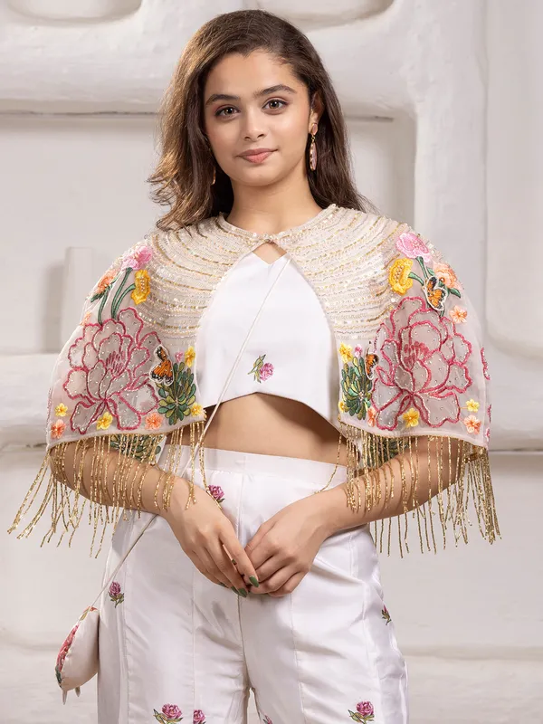 White silk palazzo salwar suit with heavy work jacket