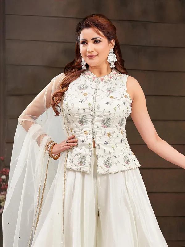White silk palazzo suit with sequins work