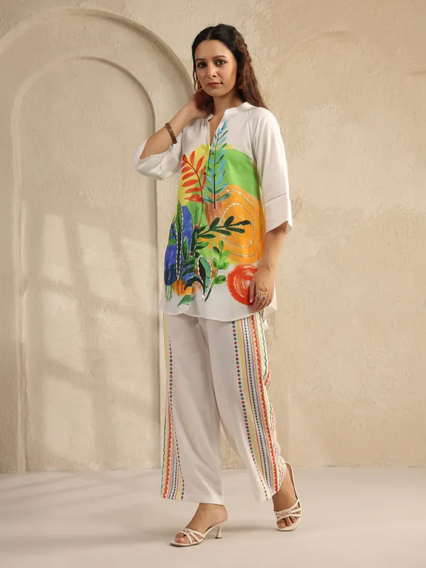 White silk printed co ord set with sequins work