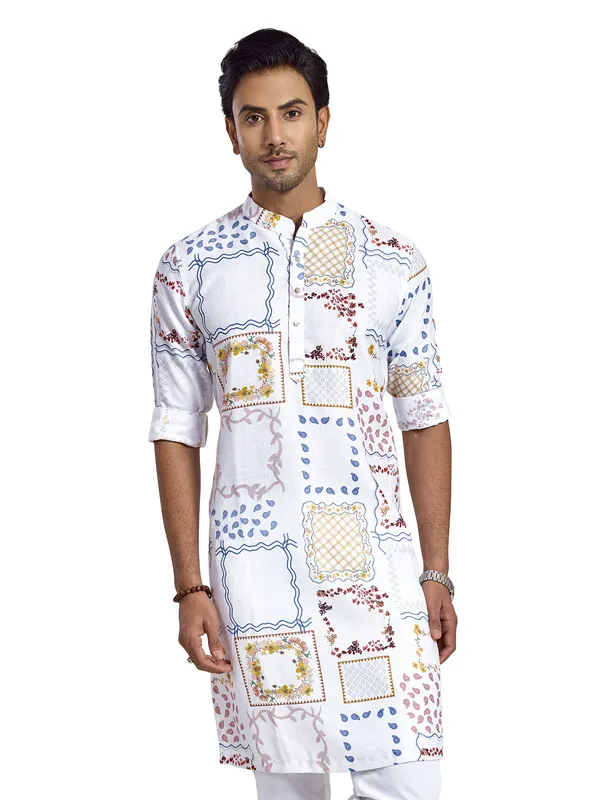 White silk printed festive kurta for mens