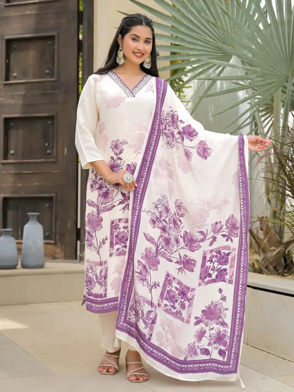 White silk printed kurti set with dupatta for women