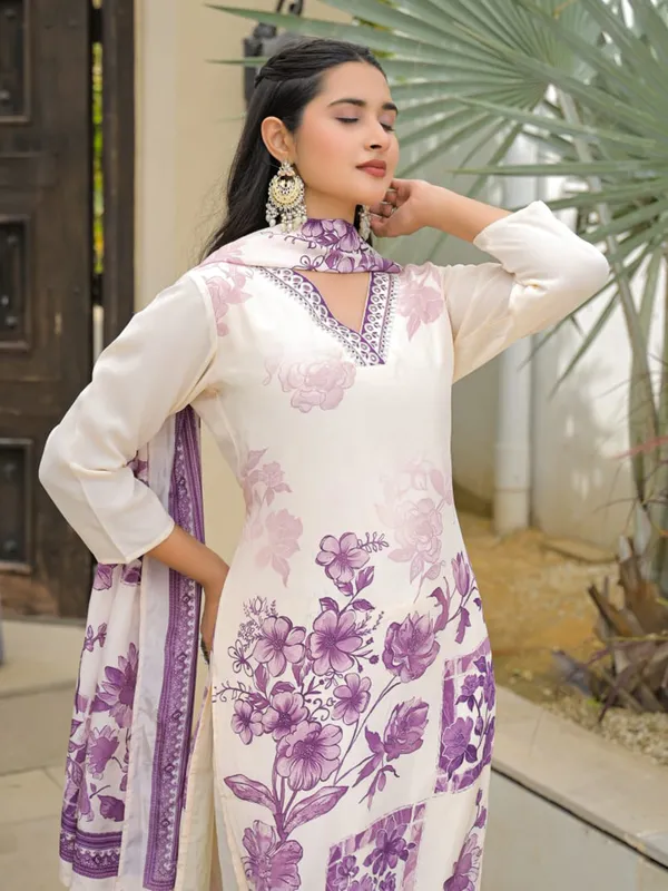 White silk printed kurti set with dupatta for women