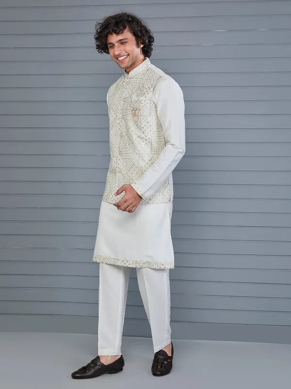 White rayon cotton resham and sequin waistcoat set