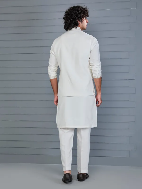 White rayon cotton resham and sequin waistcoat set