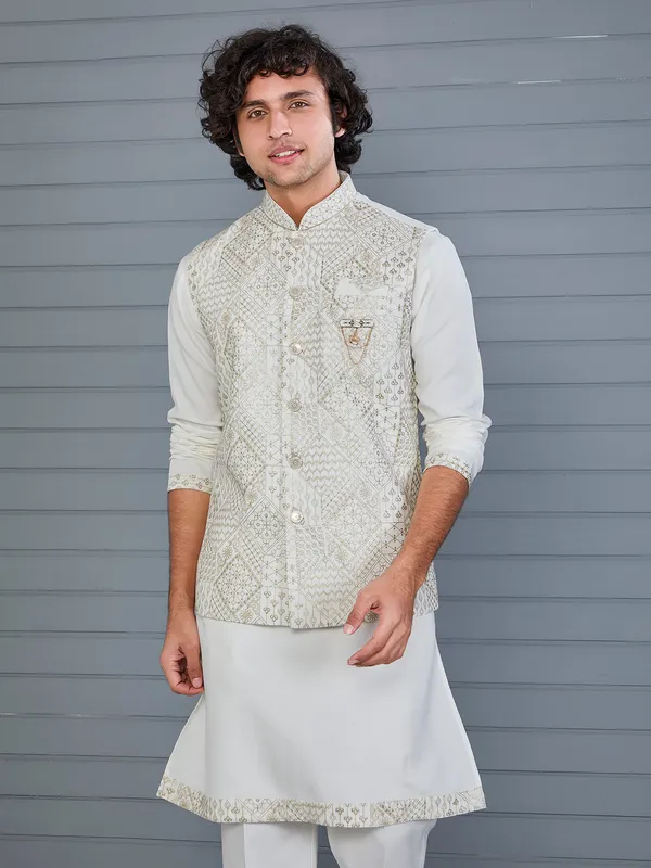 White rayon cotton resham and sequin waistcoat set