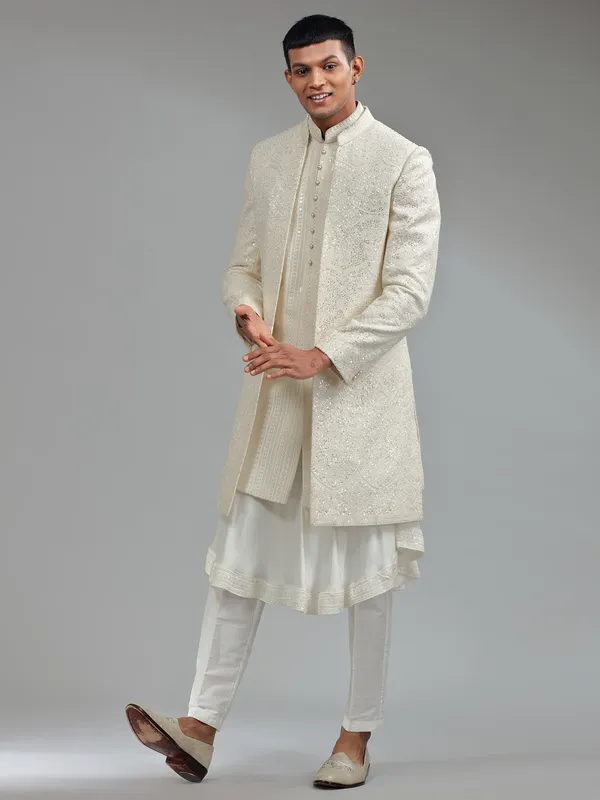 White silk sherwani with dupatta