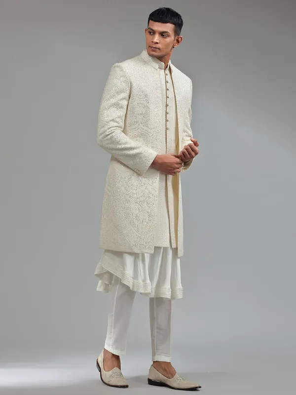 White silk sherwani with dupatta